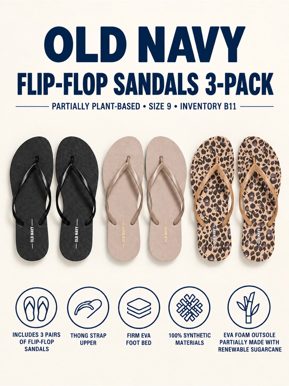 OLD NAVY 3-PACK FLIP-FLOP SANDALS SIZE 9 (NEW WITH TAGS) B11